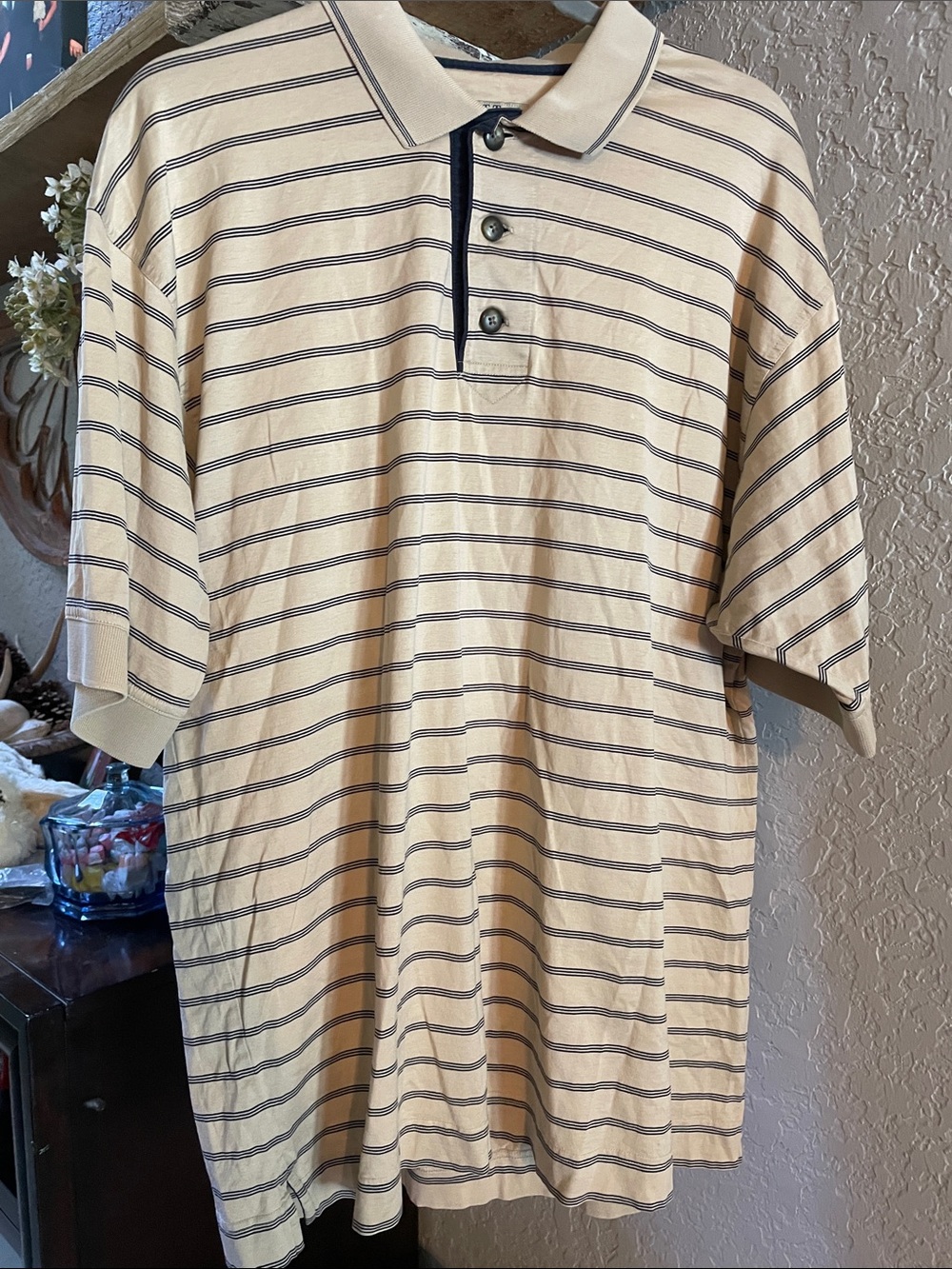 Cutter & Buck Short Sleeve Striped Polo in Beige and Navy